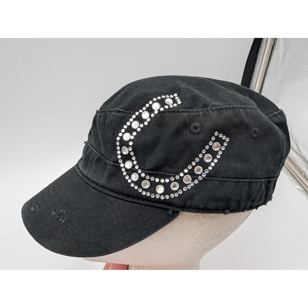 Black Distressed Rhinestone Horseshoe Cadet Hat Adjustable Cotton Military Cap
